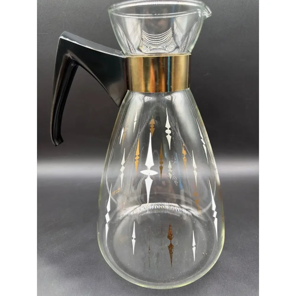 Vintage Pyrex 494 4 Cup Atomic Diamond Gold White Glass Coffee Carafe MCM USA